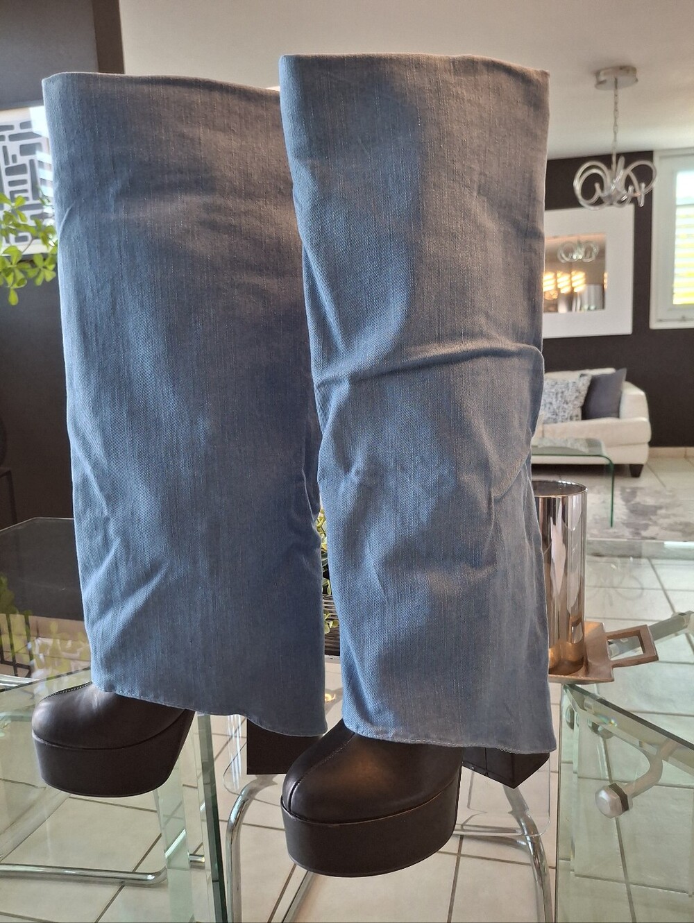 Light Blue Wide-Leg Jeans with Black Platform Hem